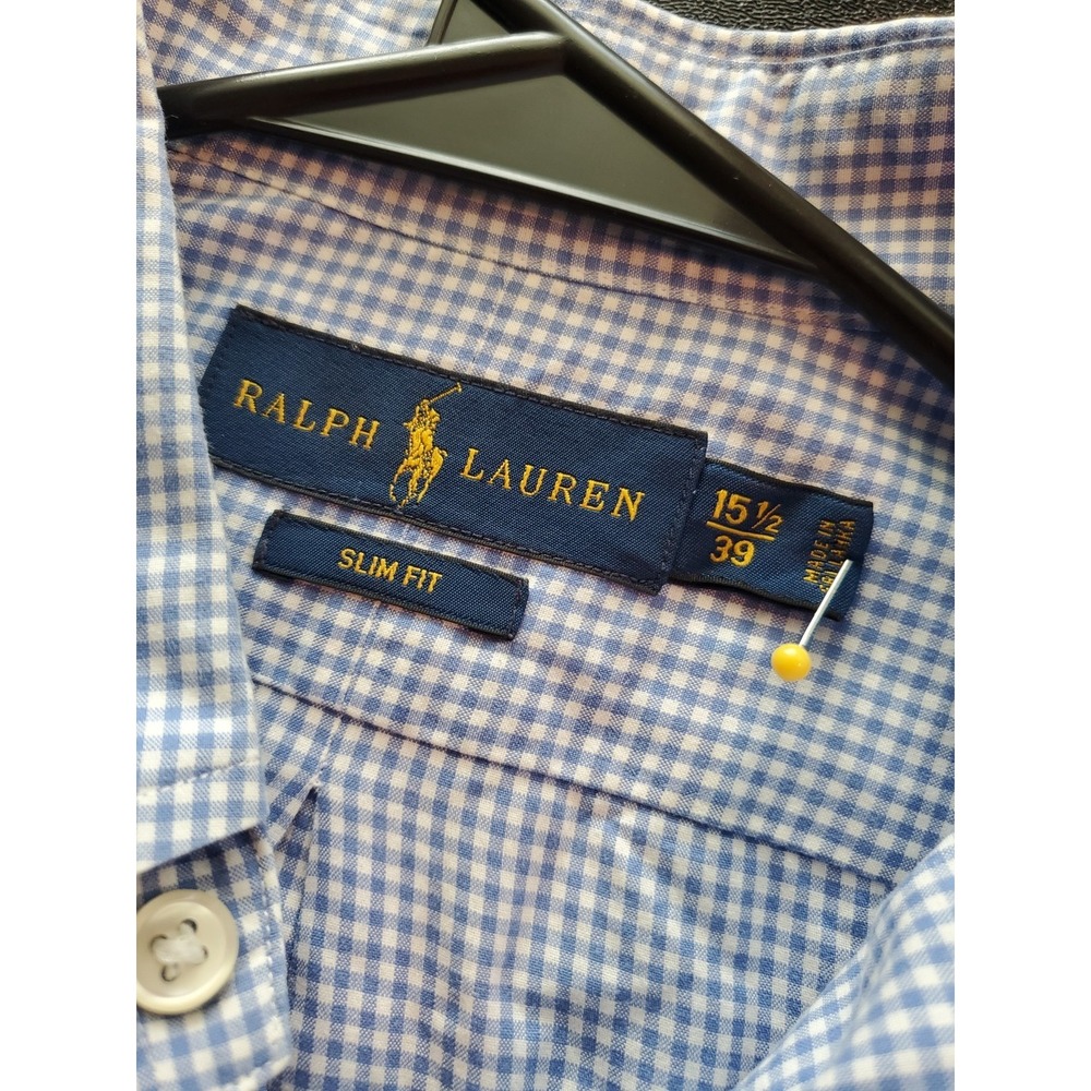Ralph Lauren Mens M Slim Fit Blue Check Button‎ Shirt 100% Cotton 15 1/2- 39 - Picture 3 of 5